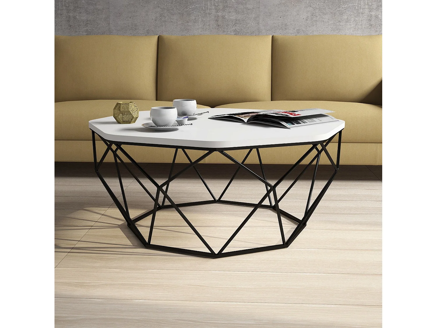 Table basse octogonale bois blanc et pieds acier noir Diva 90cm