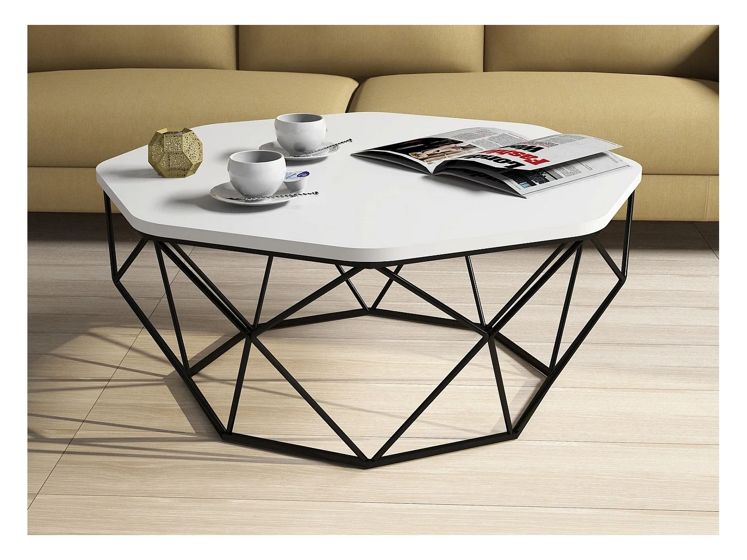 Table basse octogonale bois blanc et pieds acier noir Diva 90cm
