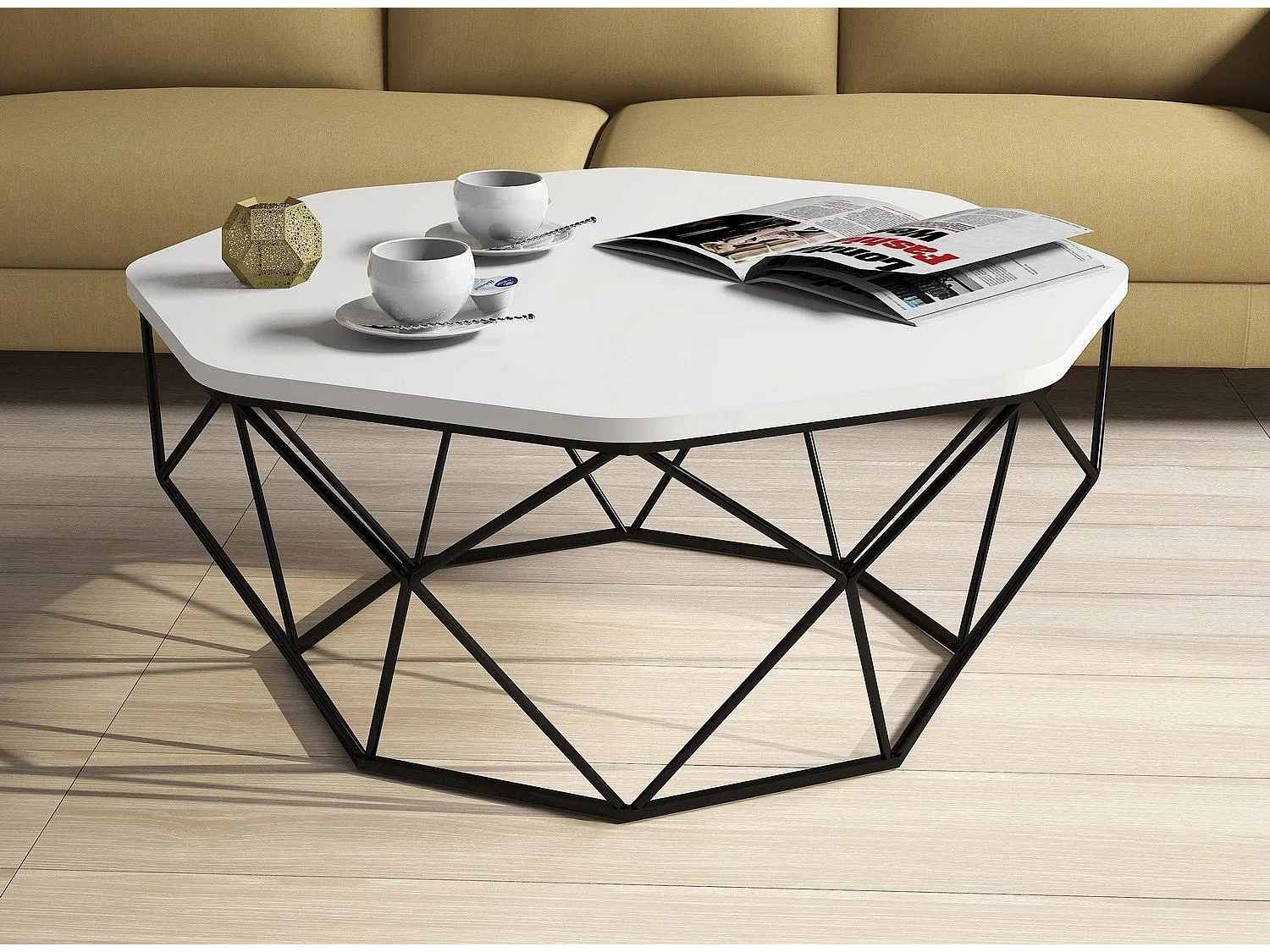 Table basse octogonale bois blanc et pieds acier noir Diva 90cm