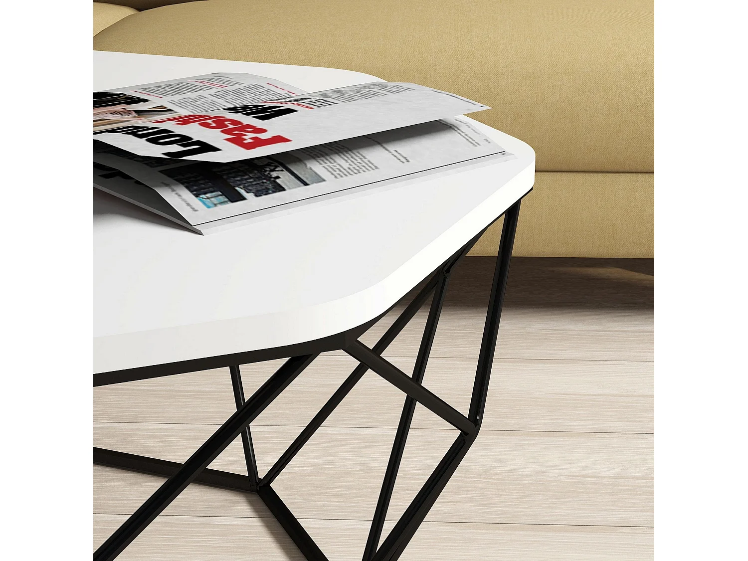 Table basse octogonale bois blanc et pieds acier noir Diva 90cm
