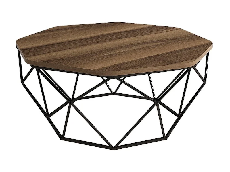 Table basse octogonale bois noyer et pieds acier noir Diva 90cm