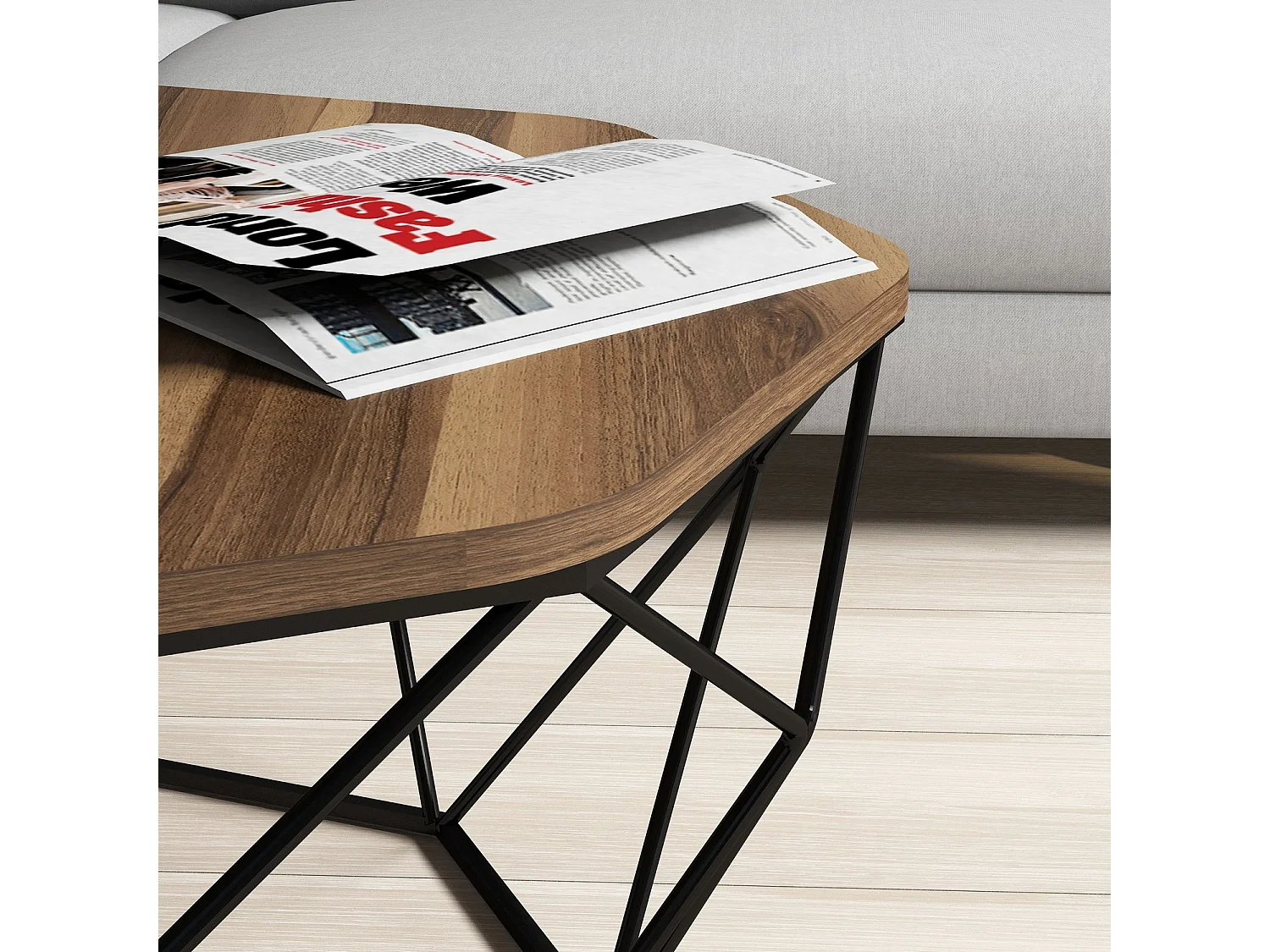 Achthoekige salontafel in notenhout en zwart stalen poten Diva 90 cm