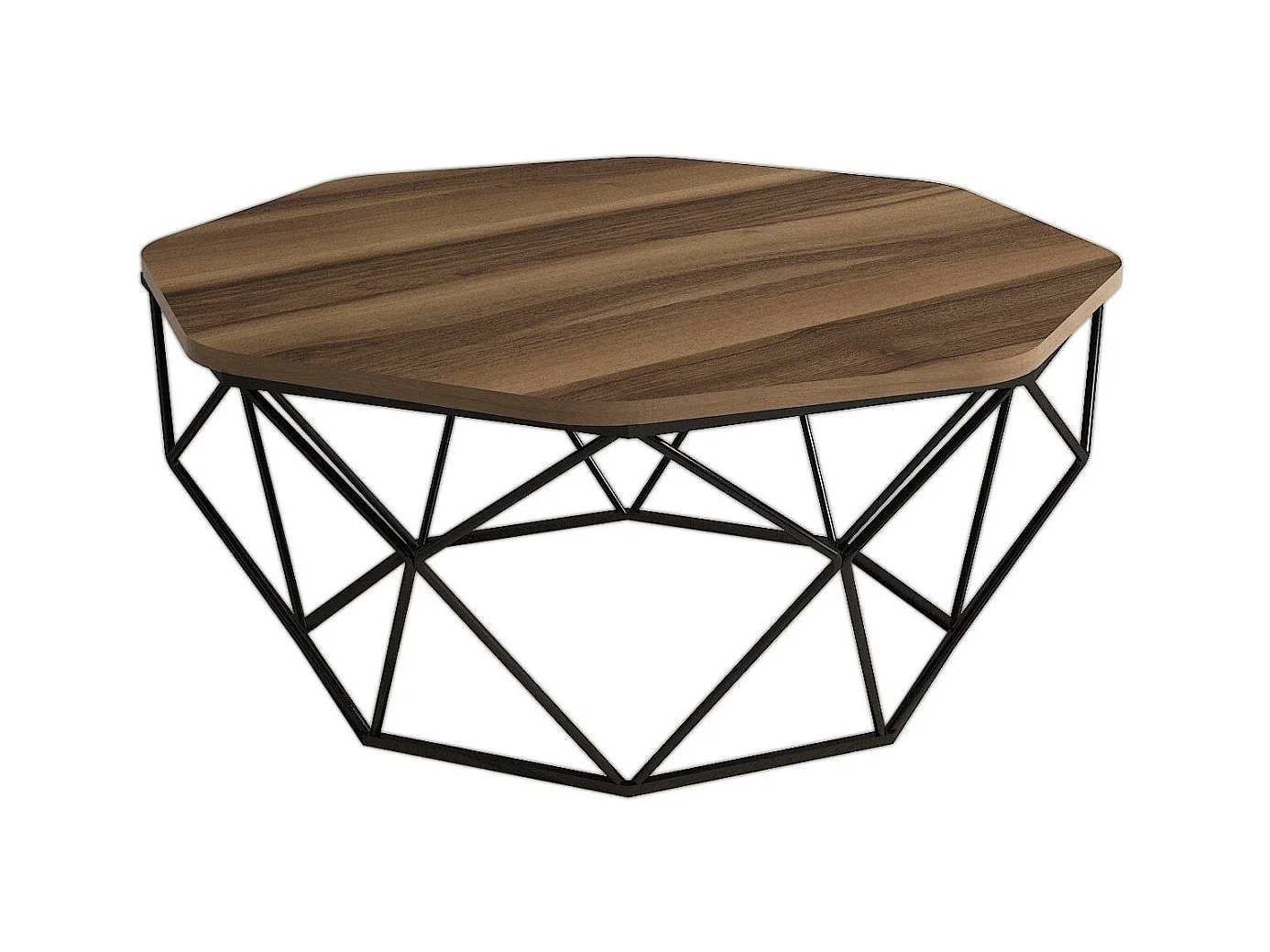 Table basse octogonale bois noyer et pieds acier noir Diva 90cm