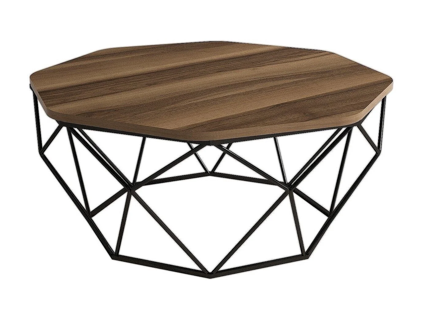 Achthoekige salontafel in notenhout en zwart stalen poten Diva 90 cm