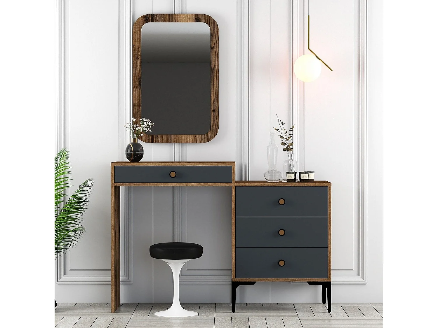 Coiffeuse 4 tiroirs avec miroir mural Secondo Bois et Anthracite