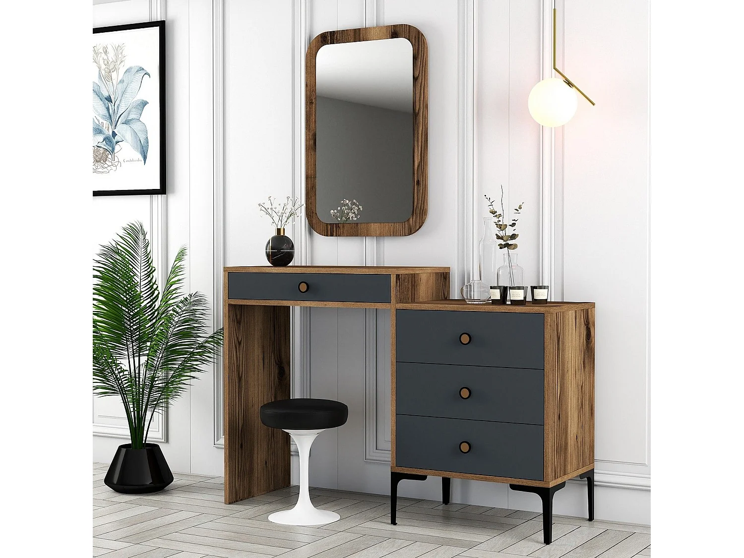 Coiffeuse 4 tiroirs avec miroir mural Secondo Bois et Anthracite