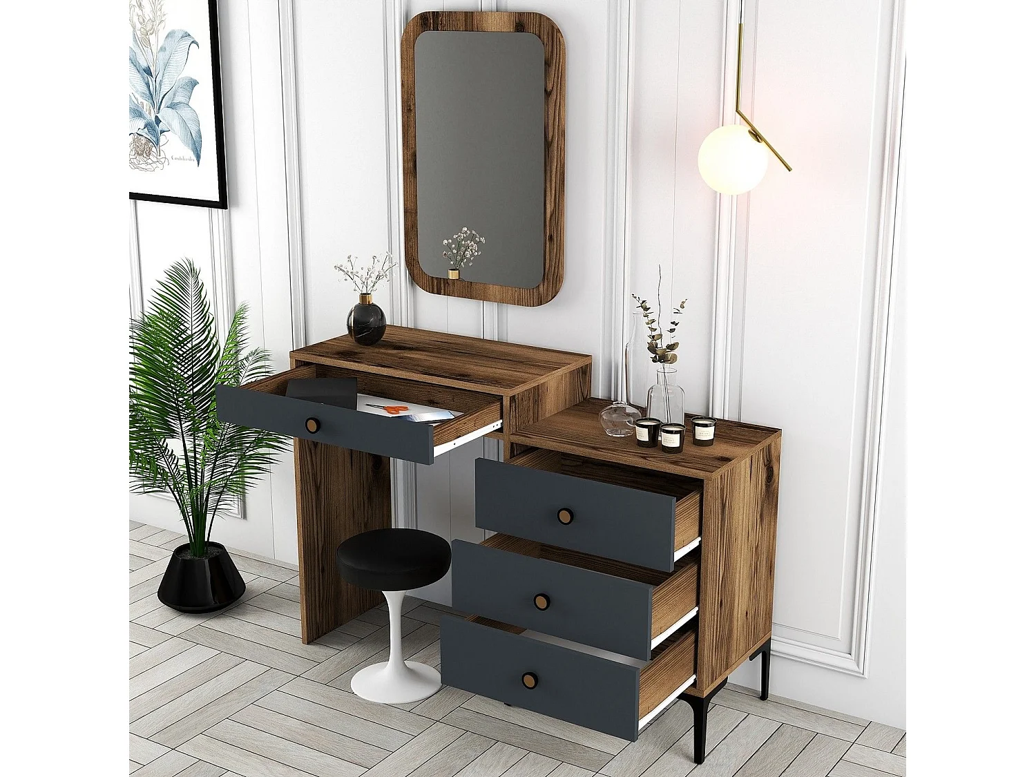 Coiffeuse 4 tiroirs avec miroir mural Secondo Bois et Anthracite