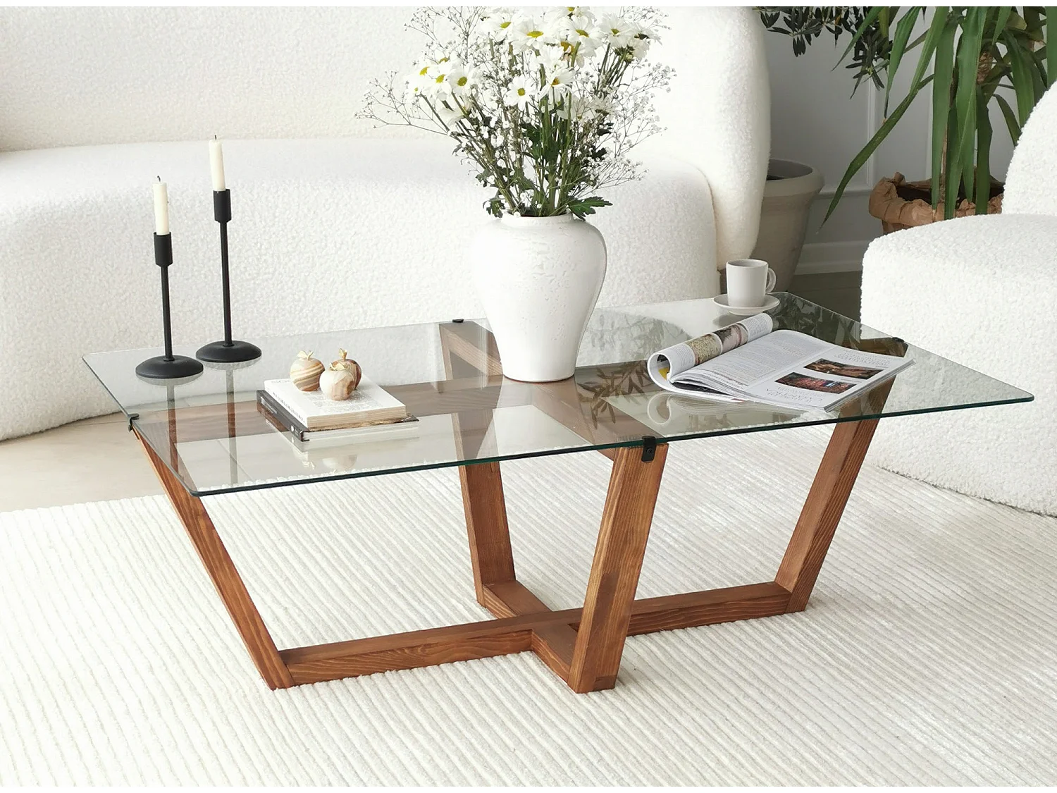 Table basse bois noyer mélaminé et verre trempé Mouka 105cm