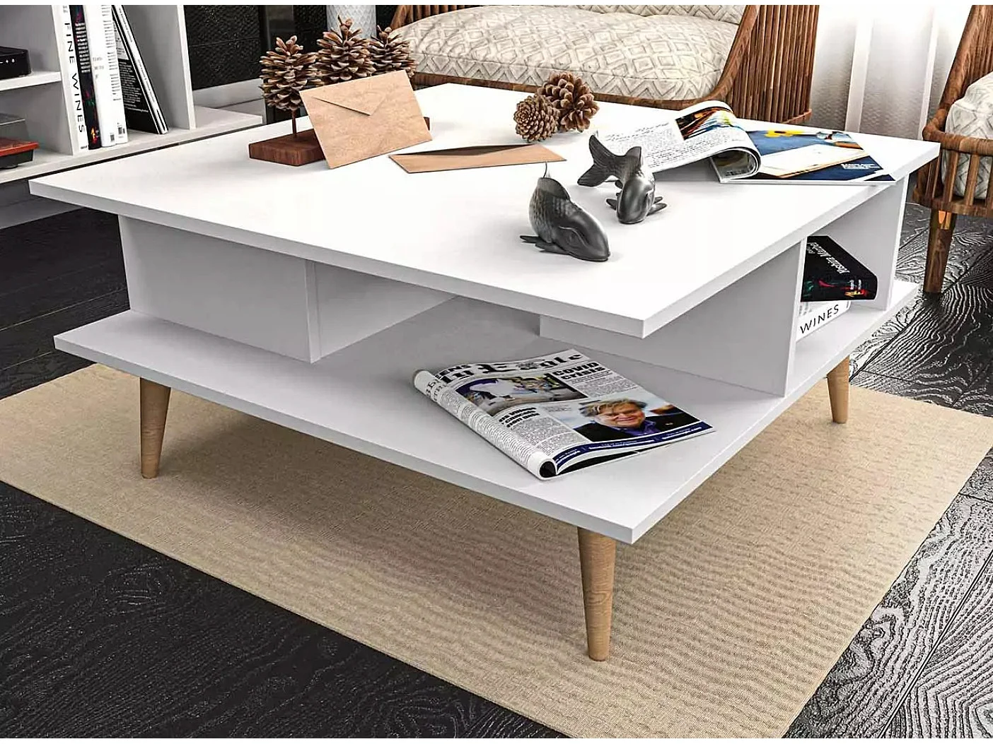 Table basse carrée style scandinave blanc et naturel Valika 89cm