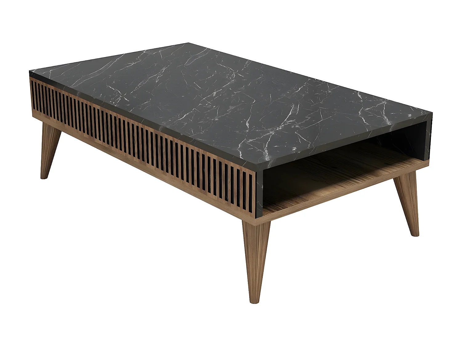 Salontafel in walnoot en zwart marmereffect hout met opbergruimte Roma 105 cm