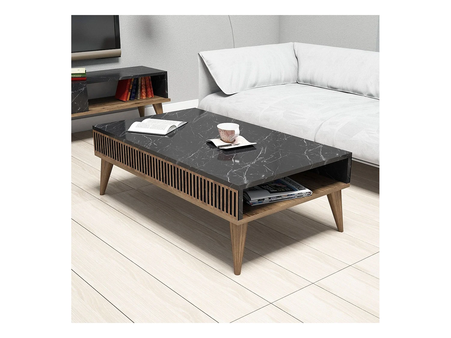 Table basse Yemaya 105x60cm Bois Naturel et Noir effet marbre