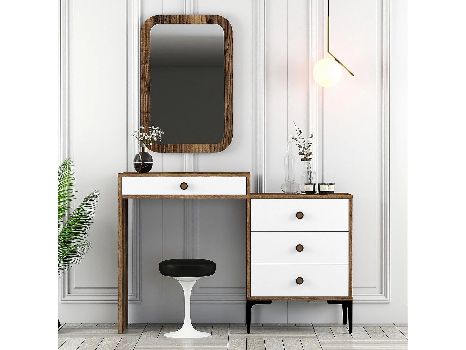 Coiffeuse 4 tiroirs avec miroir mural Secondo Bois et Blanc