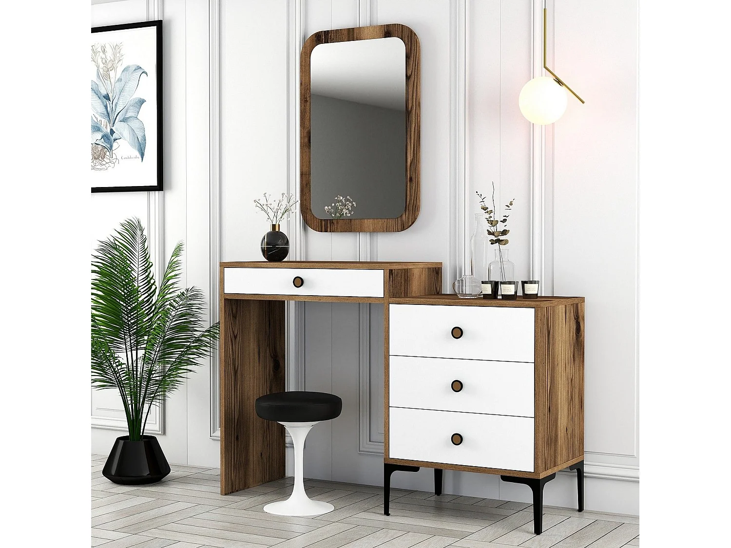 Coiffeuse 4 tiroirs avec miroir mural Secondo Bois et Blanc
