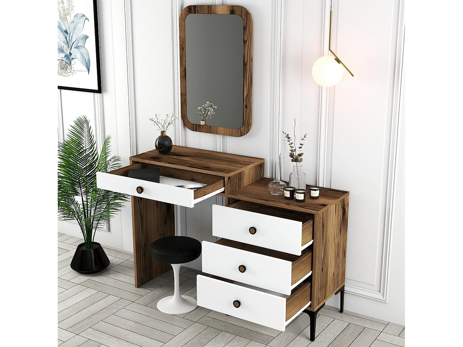 Coiffeuse 4 tiroirs avec miroir mural Secondo Bois et Blanc