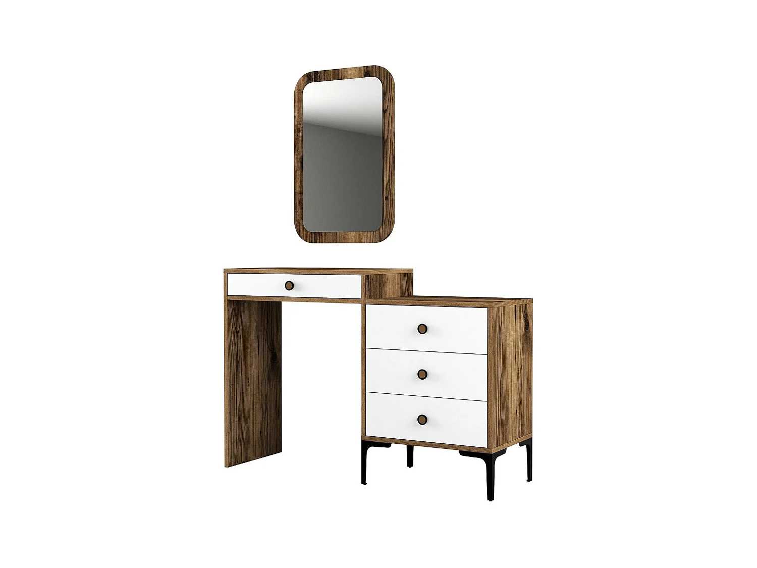 Coiffeuse 4 tiroirs avec miroir mural Secondo Bois et Blanc