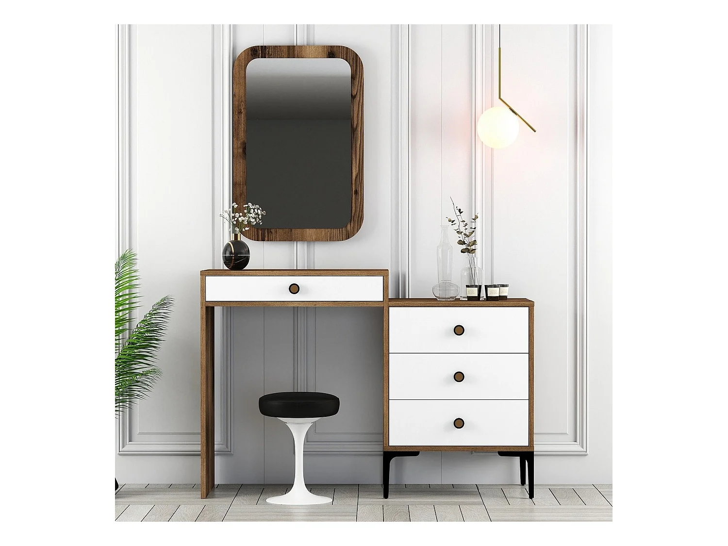 Coiffeuse 4 tiroirs avec miroir mural Secondo Bois et Blanc