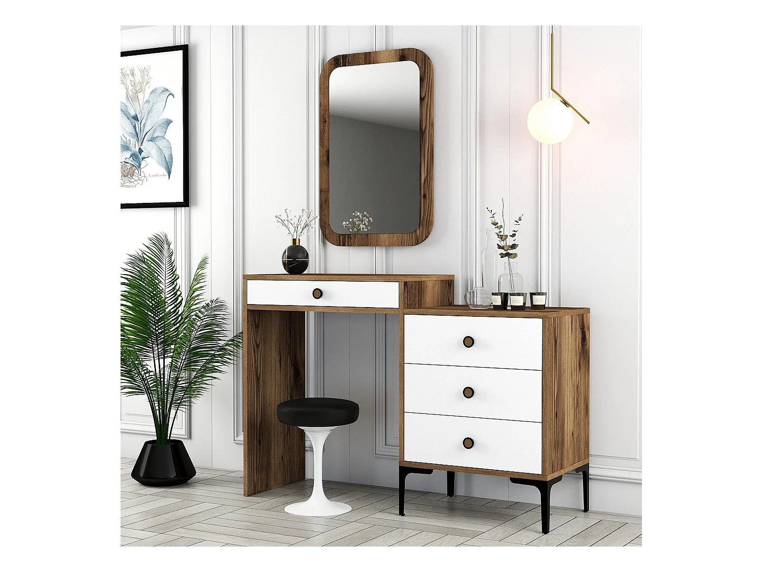Coiffeuse 4 tiroirs avec miroir mural Secondo Bois et Blanc