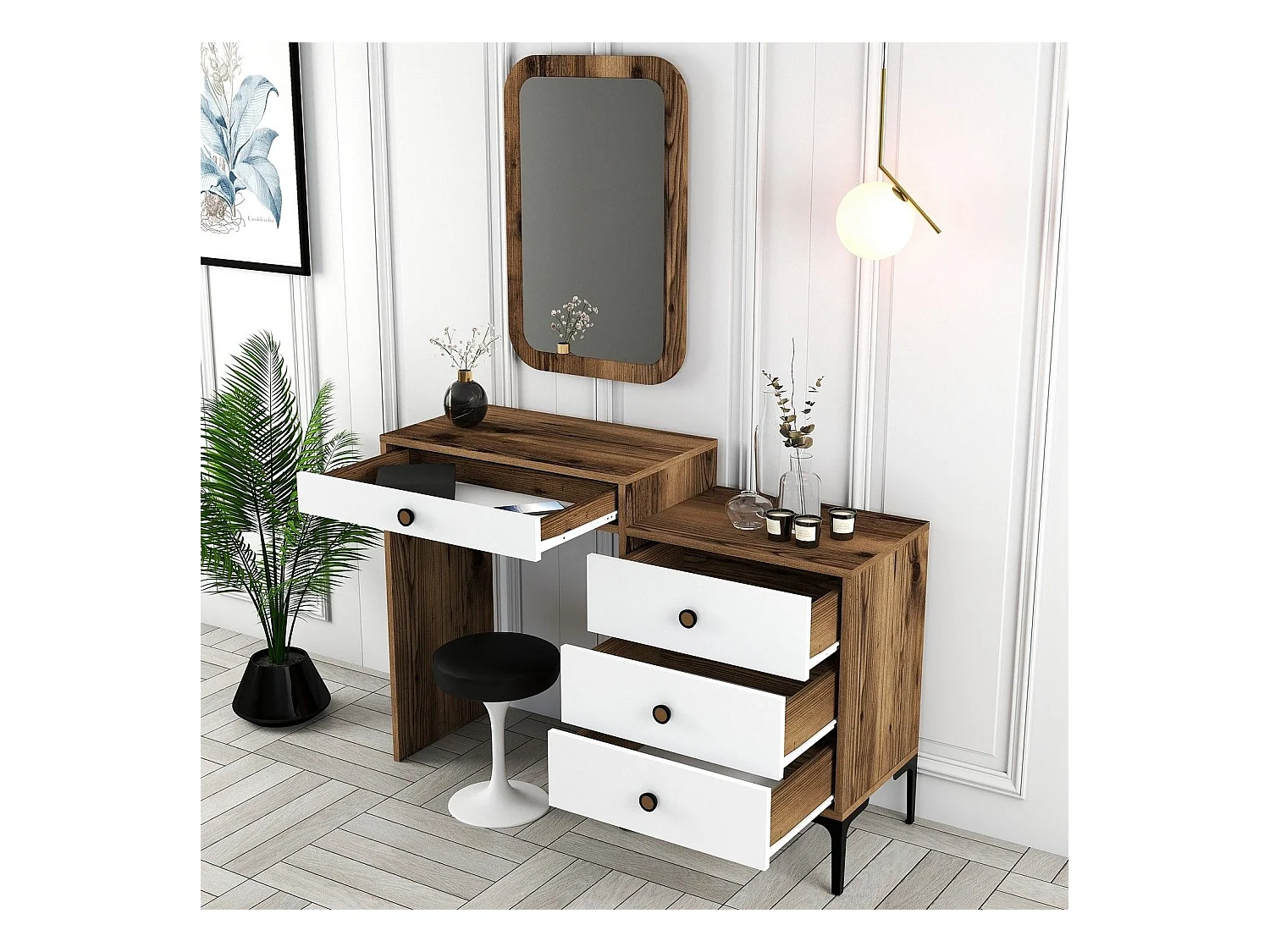 Coiffeuse 4 tiroirs avec miroir mural Secondo Bois et Blanc