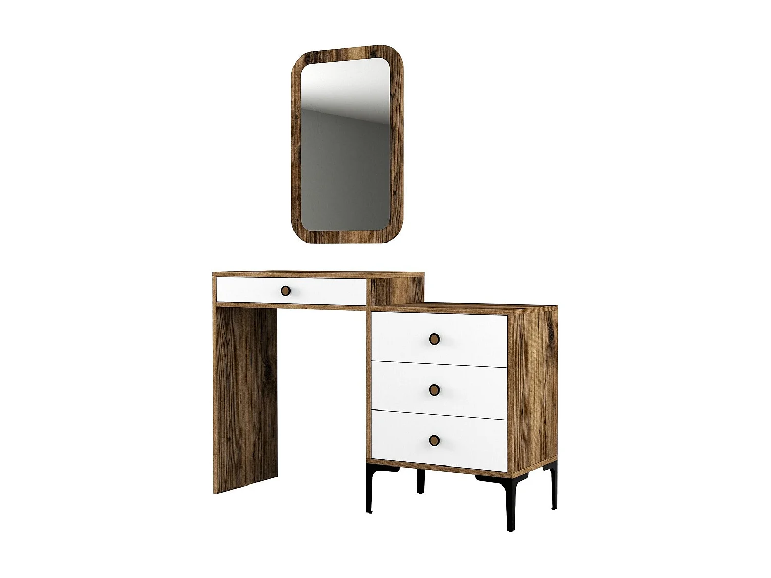 Coiffeuse 4 tiroirs avec miroir mural Secondo Bois et Blanc