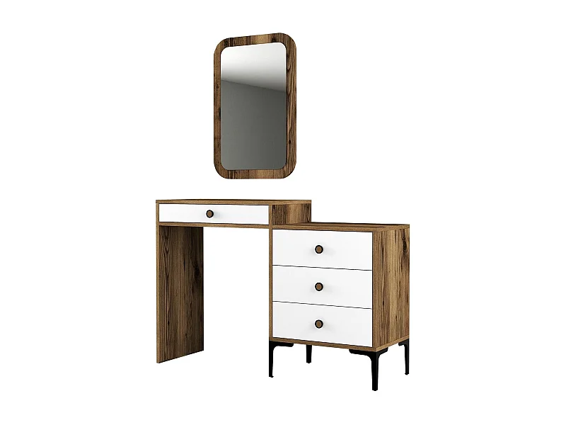 Coiffeuse 4 tiroirs avec miroir mural Secondo Bois et Blanc