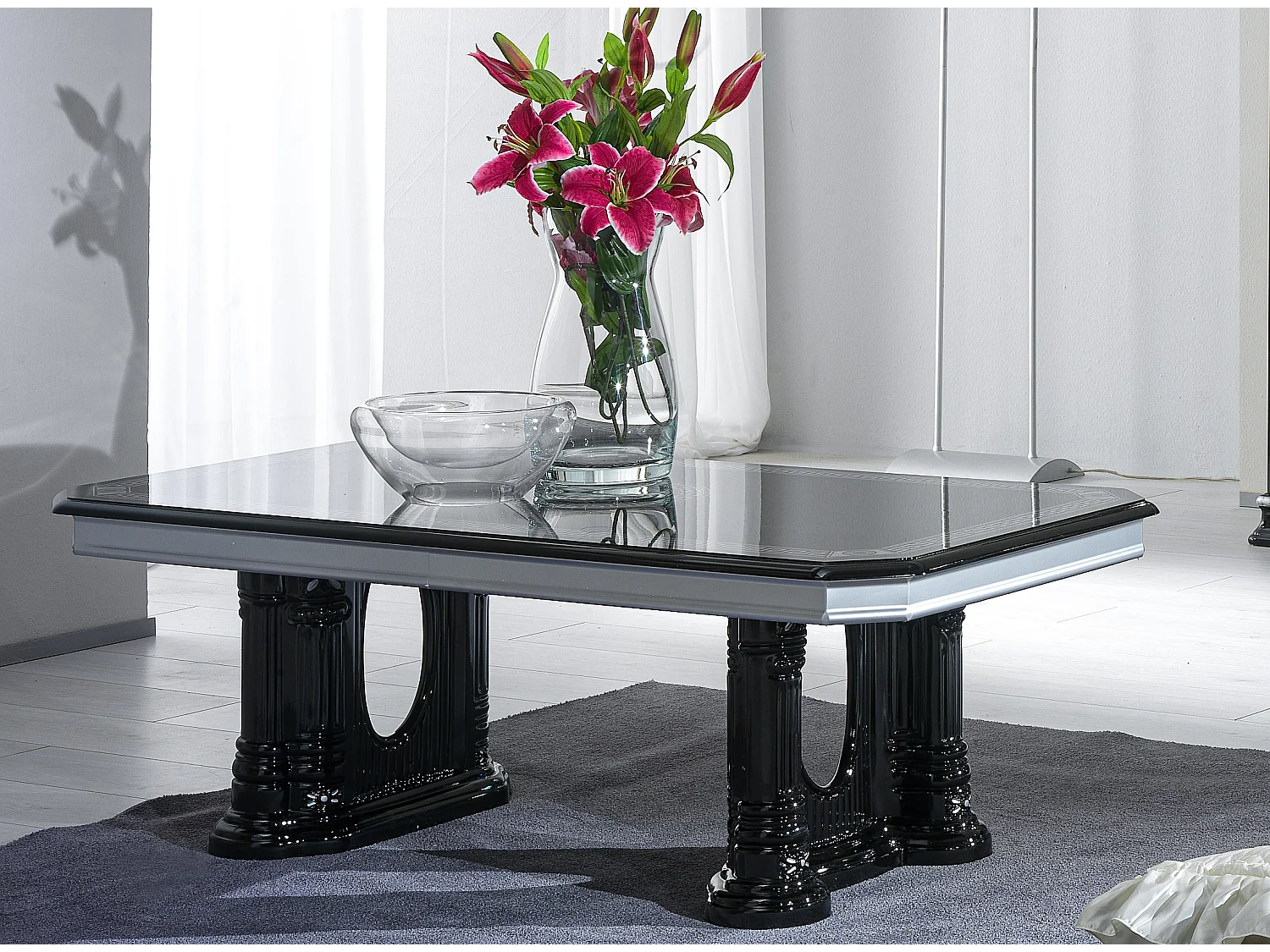 Table basse rectangulaire bois vernis laqué brillant noir et gris Vinza 130cm