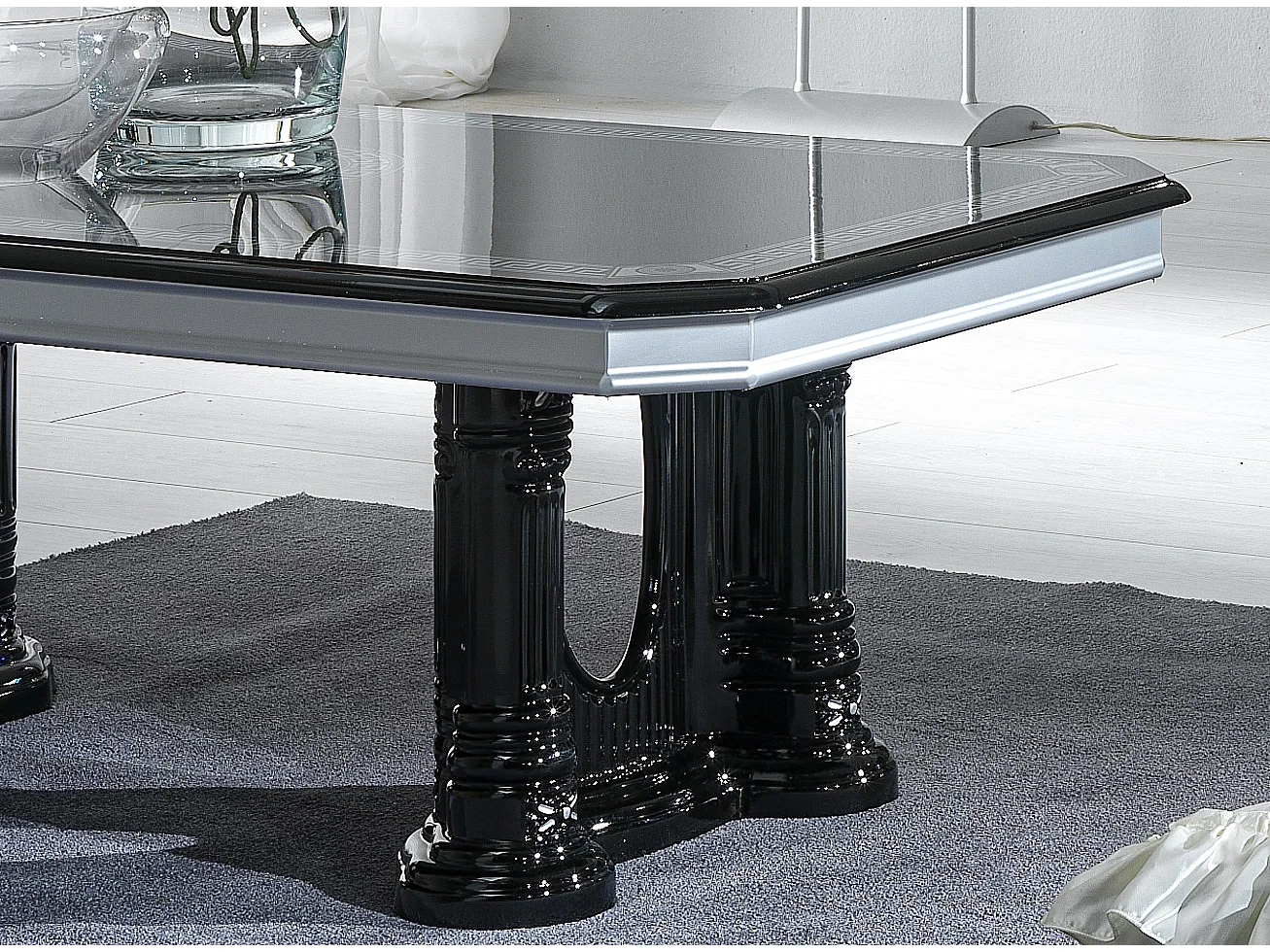 Table basse rectangulaire bois vernis laqué brillant noir et gris Vinza 130cm