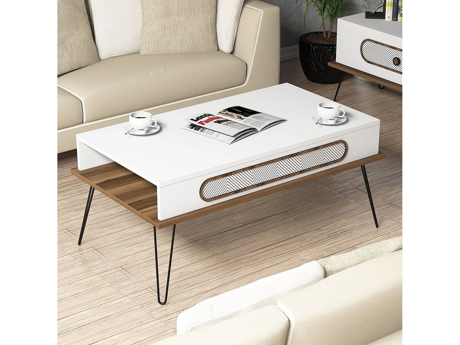 Table basse bois blanc et pieds acier noir Koban 105cm