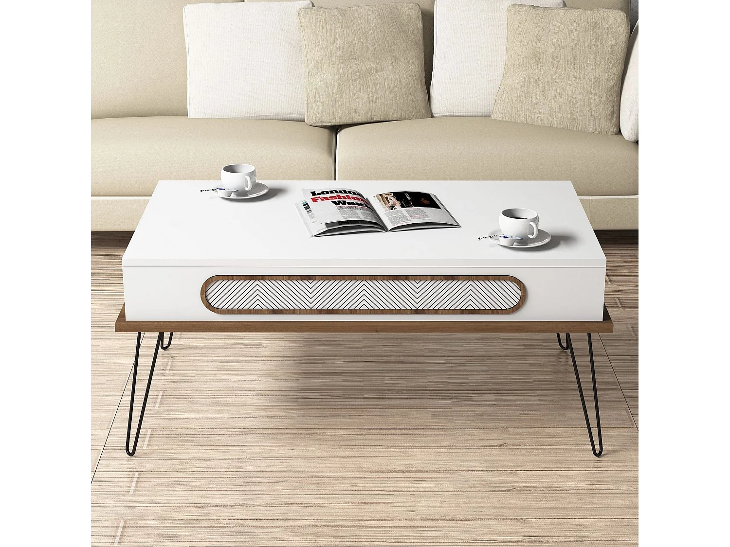 Table basse bois blanc et pieds acier noir Koban 105cm