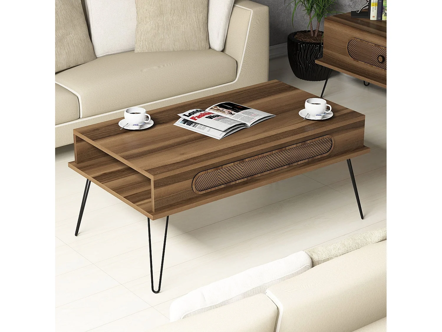 Table basse bois marron et pieds acier noir Koban 105cm