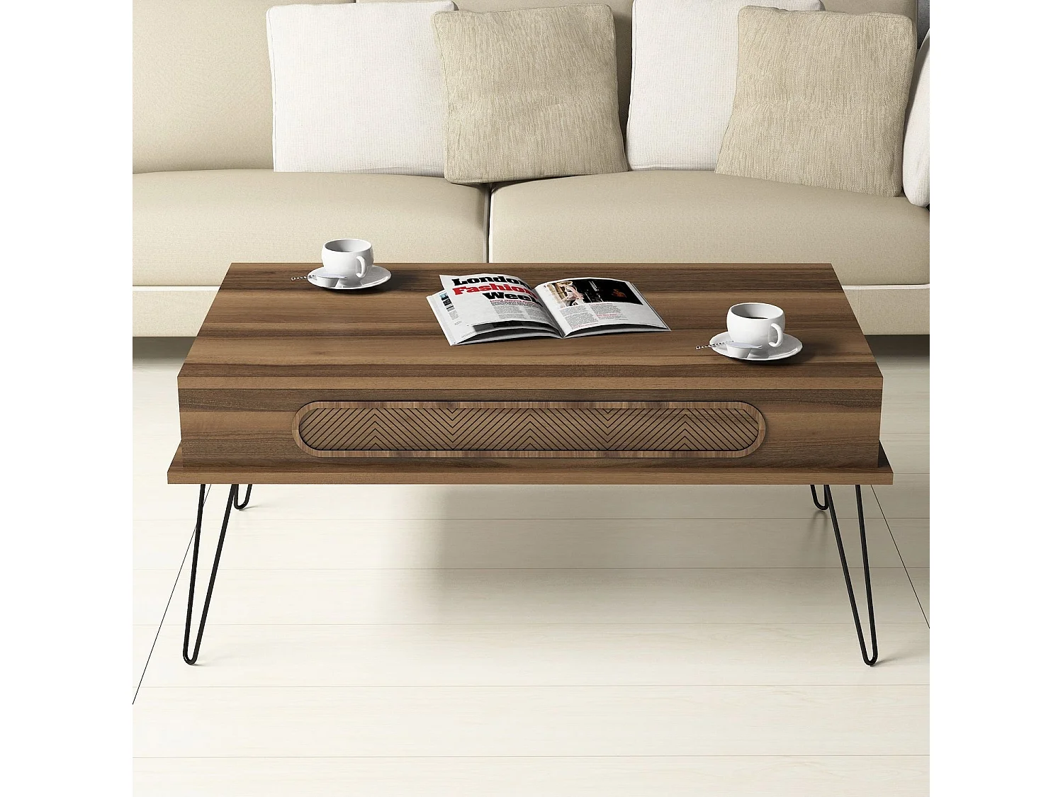 Table basse bois marron et pieds acier noir Koban 105cm