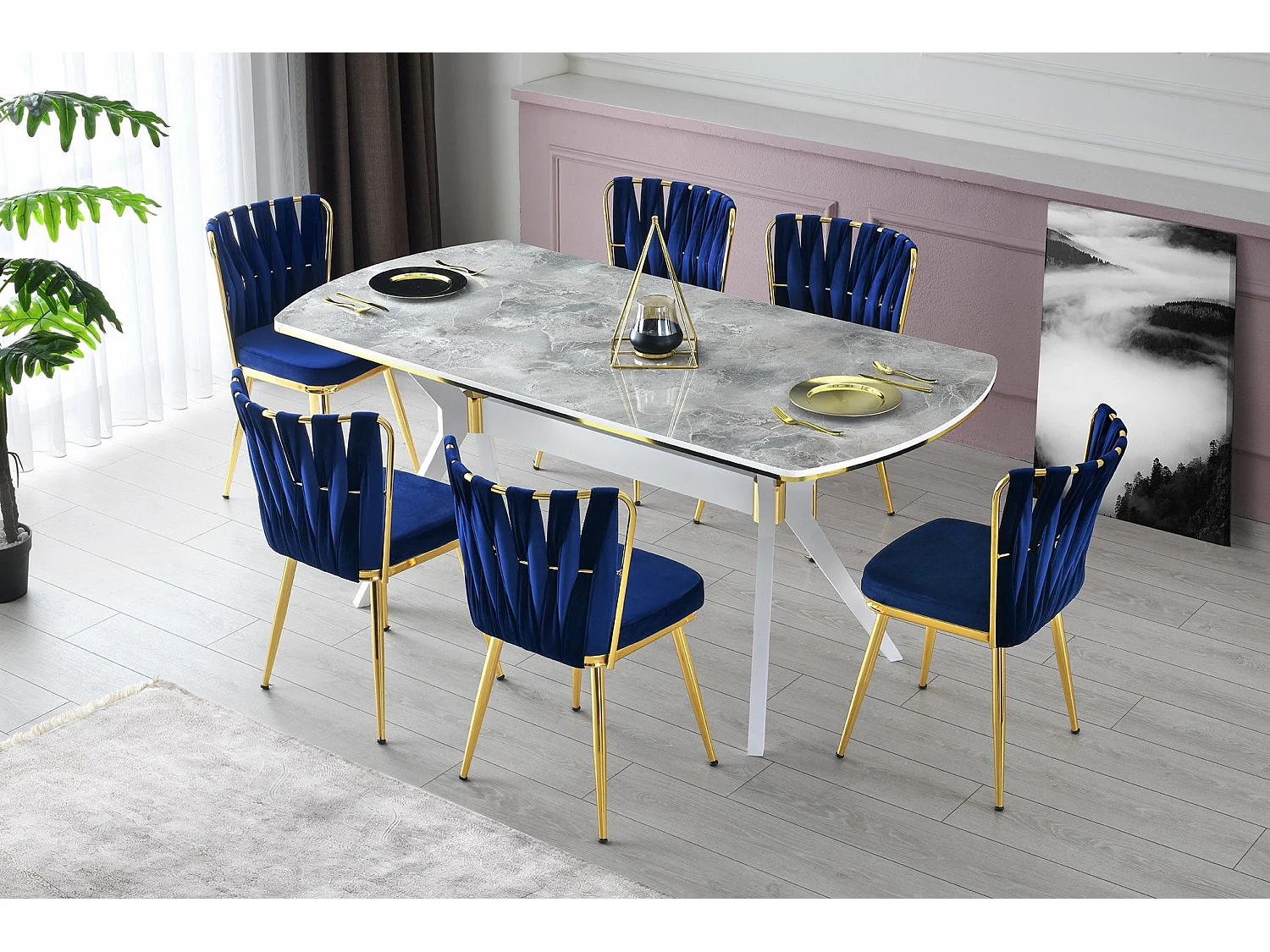 Table à manger Fotka 180cm Bois Effet marbre Blanc et Or