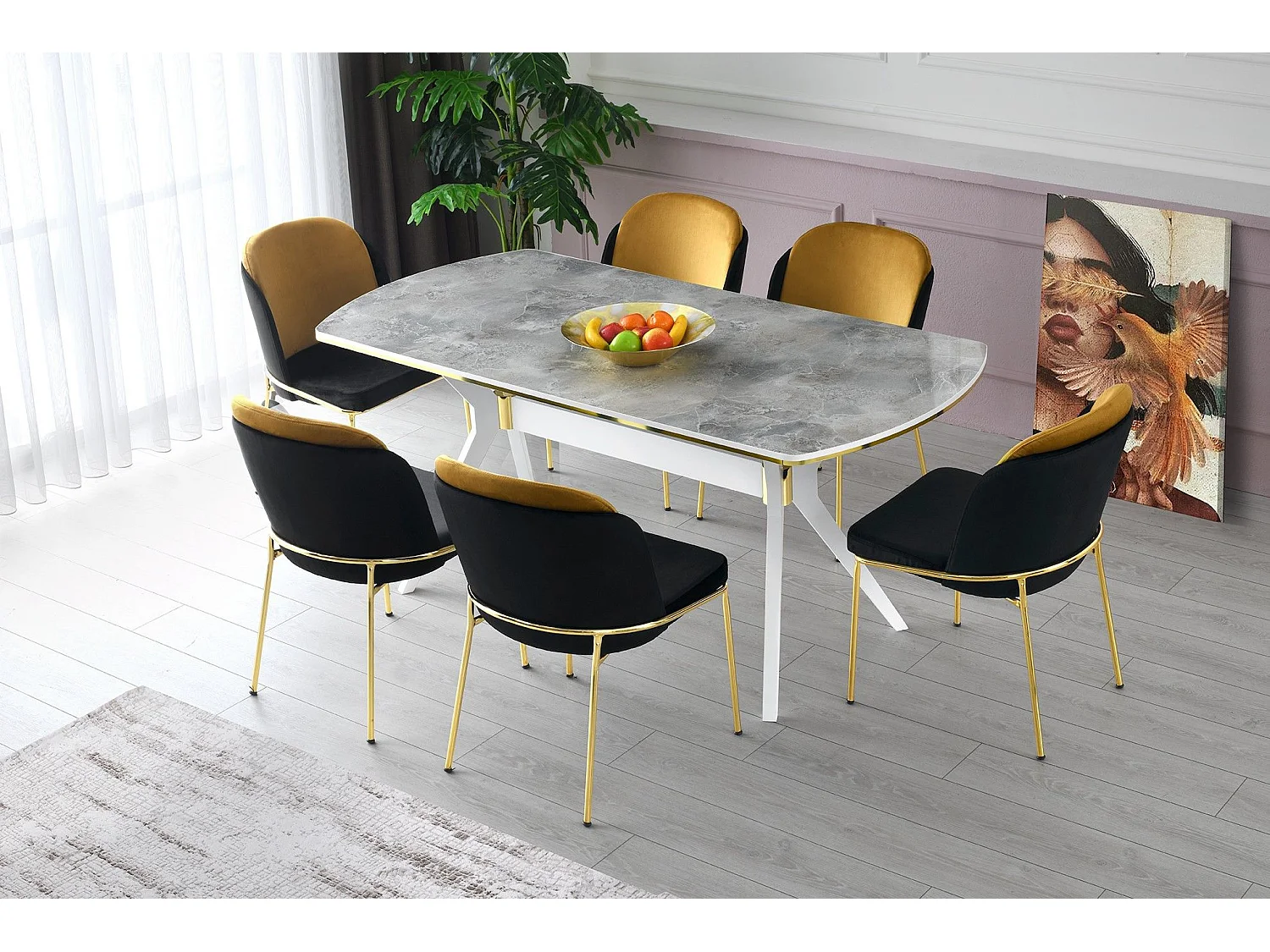 Table à manger Fotka 180cm Bois Effet marbre Blanc et Or