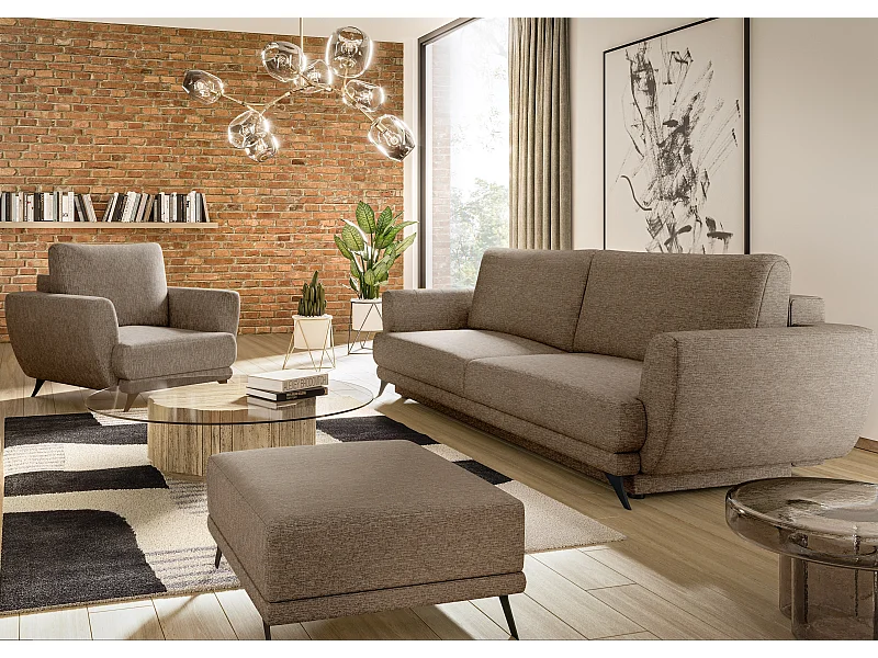 Ensemble canapé convertible tissu beige chiné Zora - 1 canapé 3 places + 1 fauteuil + 1 pouf