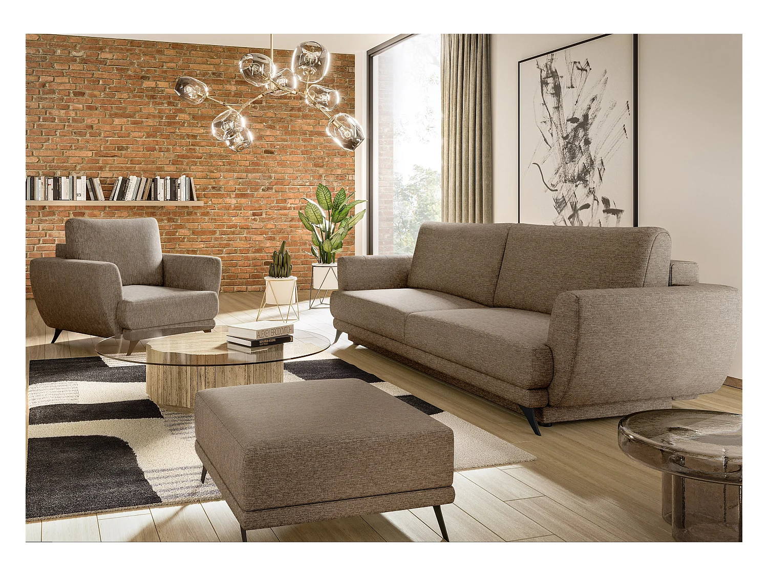 Ensemble canapé convertible tissu beige chiné Zora - 1 canapé 3 places + 1 fauteuil + 1 pouf