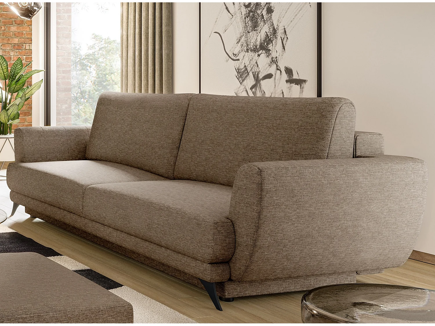 Ensemble canapé convertible tissu beige chiné Zora - 1 canapé 3 places + 1 fauteuil + 1 pouf