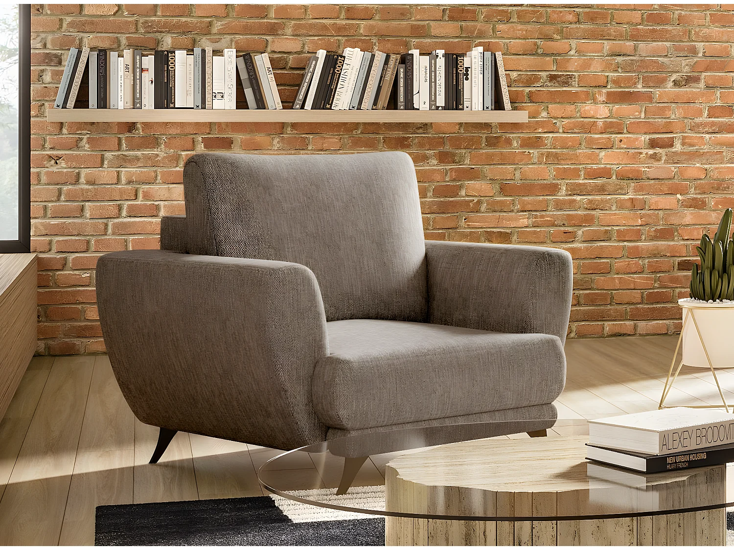 Ensemble canapé convertible tissu beige chiné Zora - 1 canapé 3 places + 1 fauteuil + 1 pouf