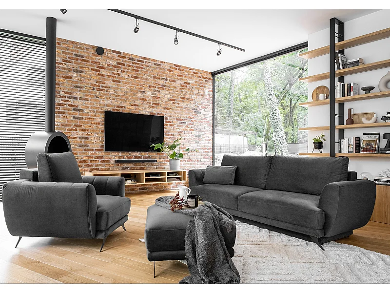 Ensemble canapé convertible velours gris foncé Zora - 1 canapé 3 places + 1 fauteuil + 1 pouf