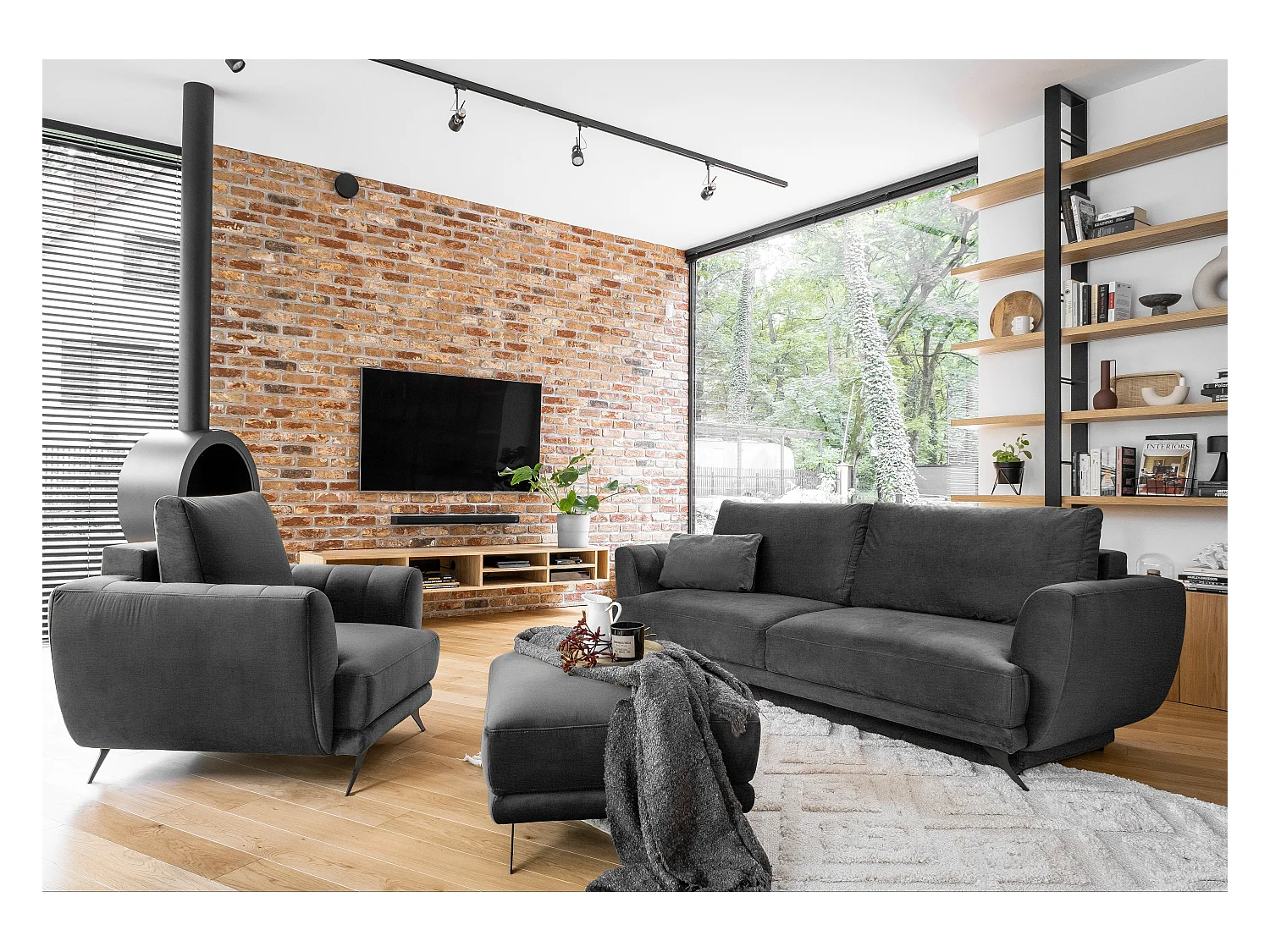 Ensemble canapé convertible velours gris foncé Zora - 1 canapé 3 places + 1 fauteuil + 1 pouf