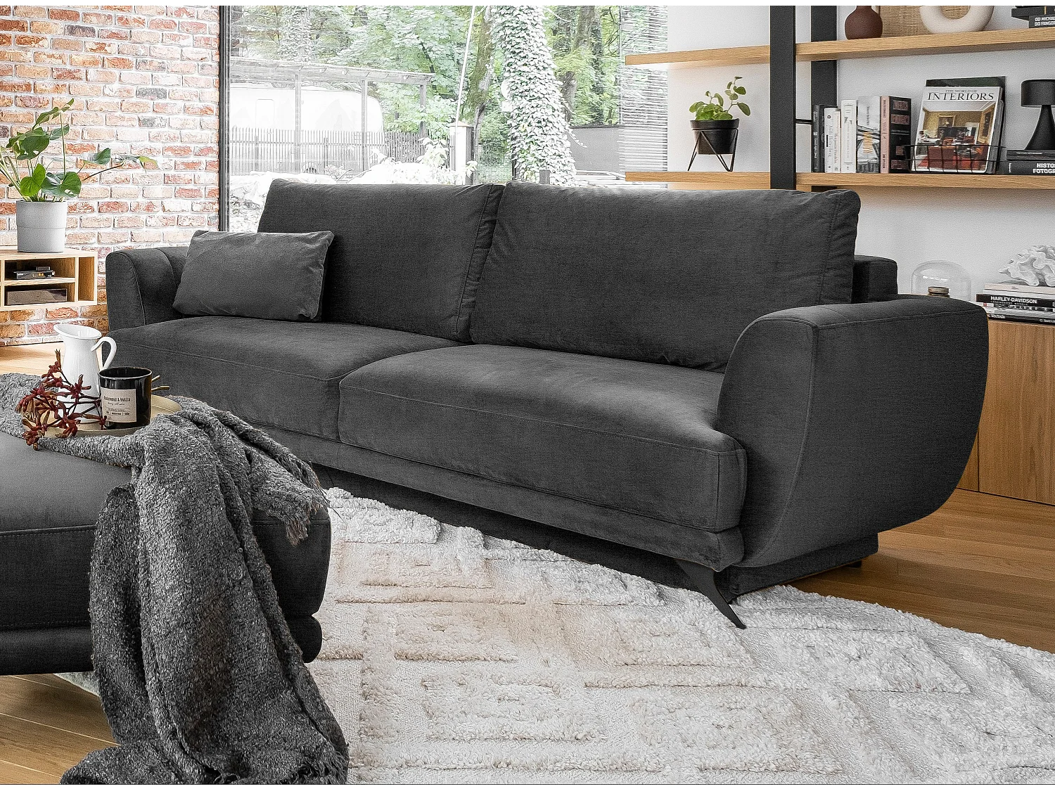 Ensemble canapé convertible velours gris foncé Zora - 1 canapé 3 places + 1 fauteuil + 1 pouf