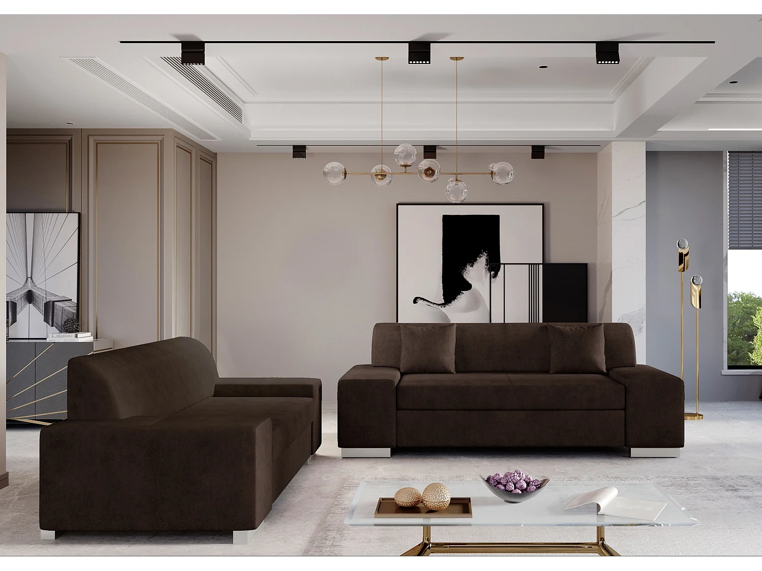 Ensemble Canapé minimaliste 2 et 3 places tissu marron Plazo