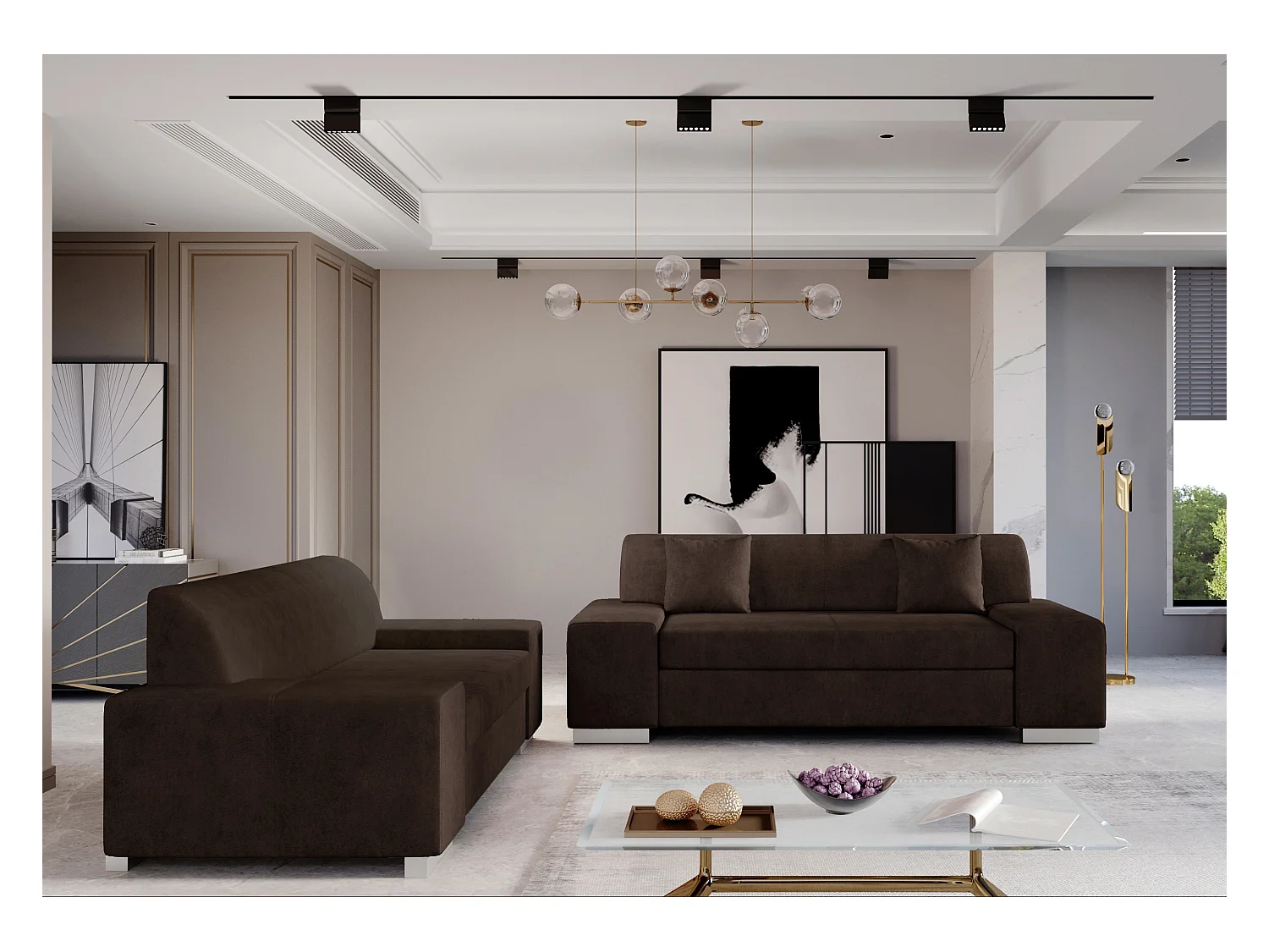 Ensemble Canapé minimaliste 2 et 3 places tissu marron Plazo