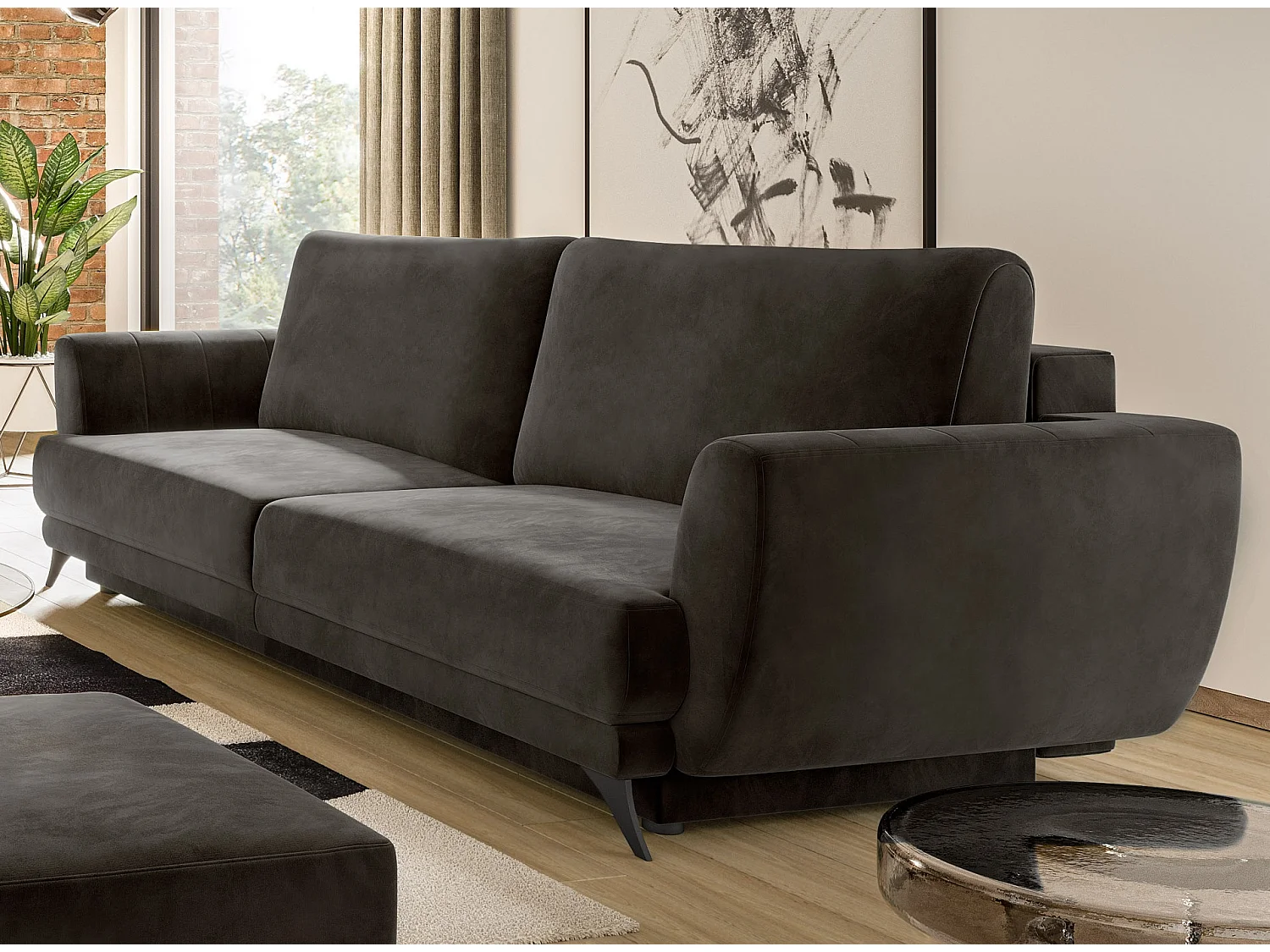 Ensemble canapé convertible velours noir Zora - 1 canapé 3 places + 1 fauteuil + 1 pouf