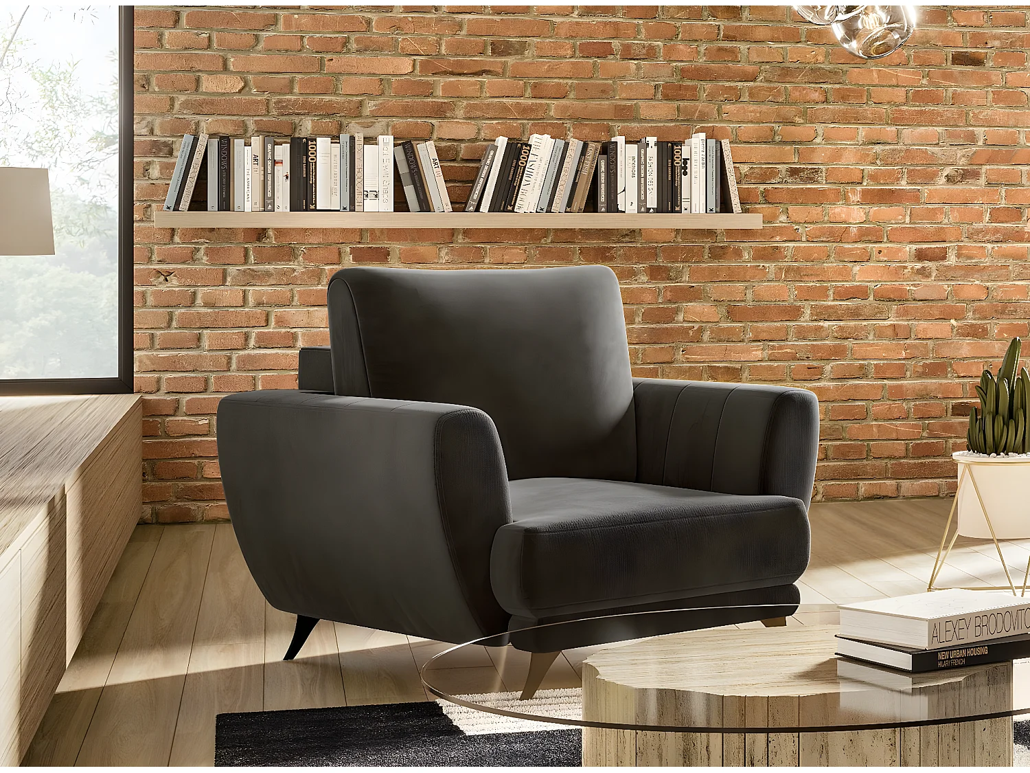 Ensemble canapé convertible velours noir Zora - 1 canapé 3 places + 1 fauteuil + 1 pouf