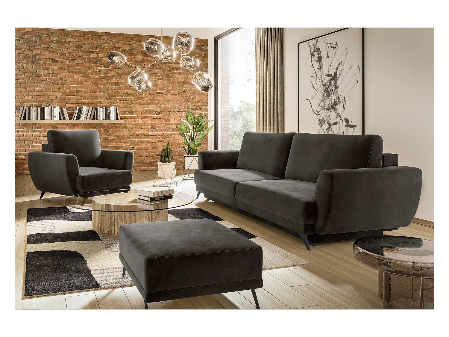 Ensemble canapé convertible velours noir Zora - 1 canapé 3 places + 1 fauteuil + 1 pouf