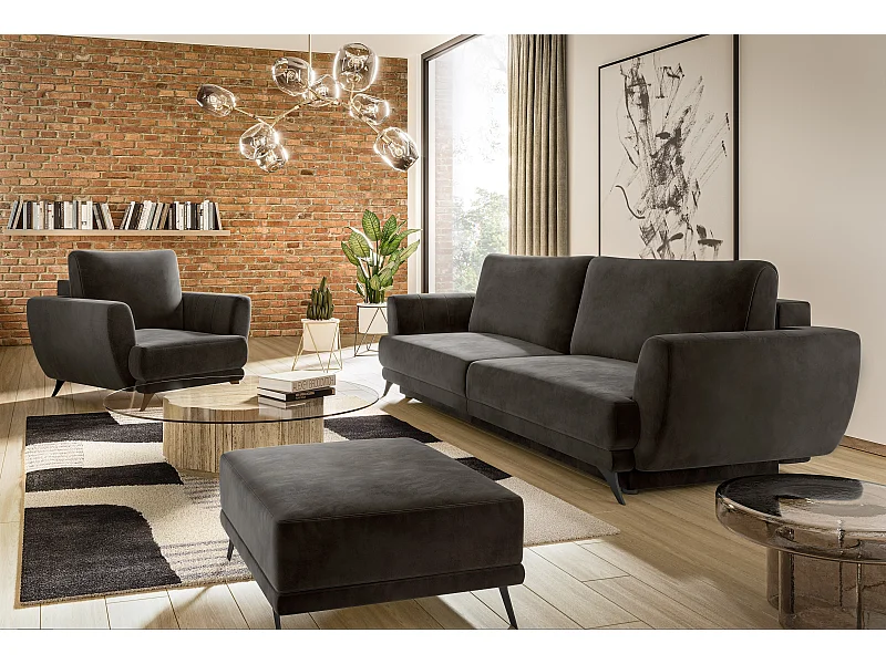 Ensemble canapé convertible velours noir Zora - 1 canapé 3 places + 1 fauteuil + 1 pouf