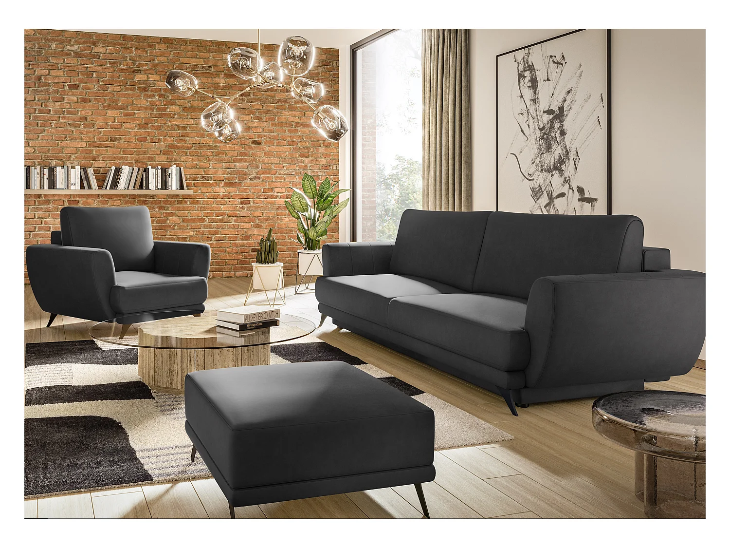 Ensemble canapé convertible simili cuirl noir Zora - 1 canapé 3 places + 1 fauteuil + 1 pouf