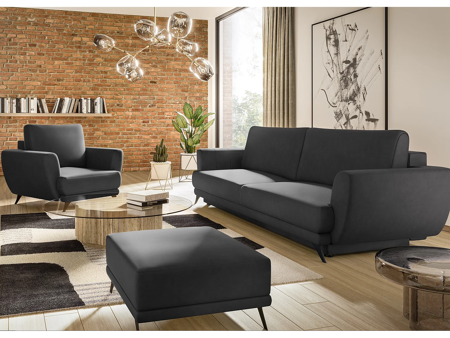 Ensemble canapé convertible simili cuirl noir Zora - 1 canapé 3 places + 1 fauteuil + 1 pouf
