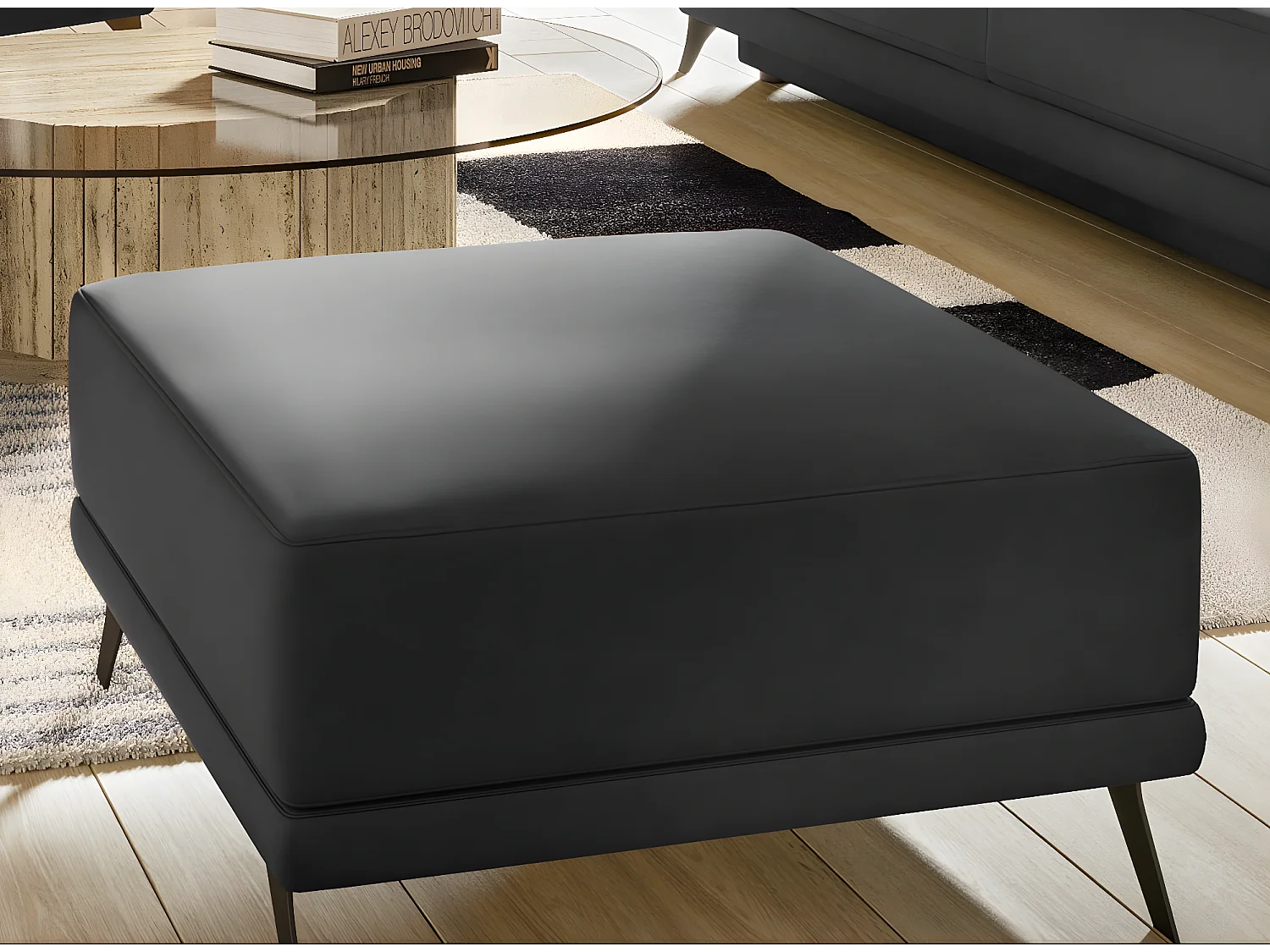 Ensemble canapé convertible simili cuirl noir Zora - 1 canapé 3 places + 1 fauteuil + 1 pouf