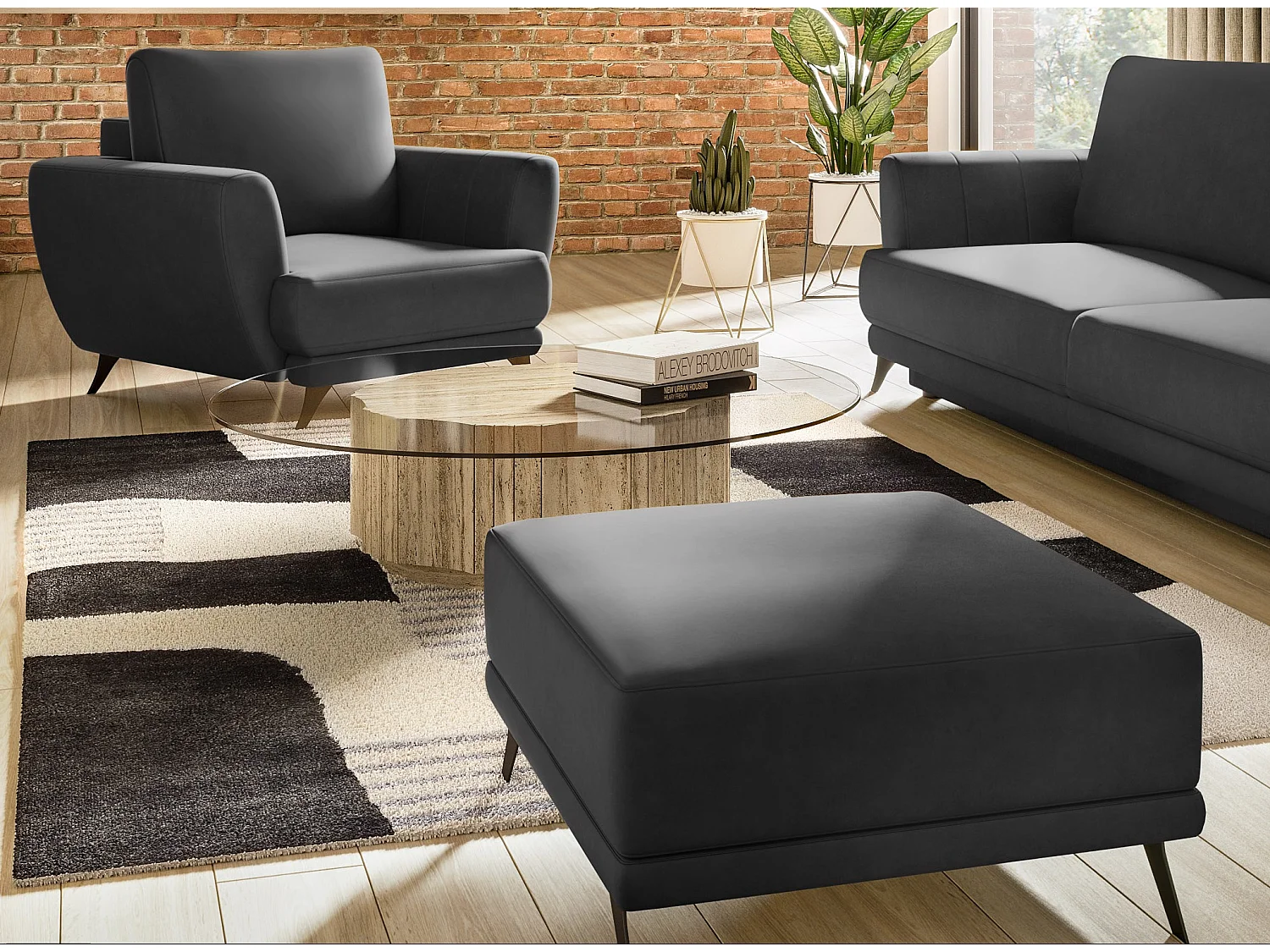 Ensemble canapé convertible simili cuirl noir Zora - 1 canapé 3 places + 1 fauteuil + 1 pouf