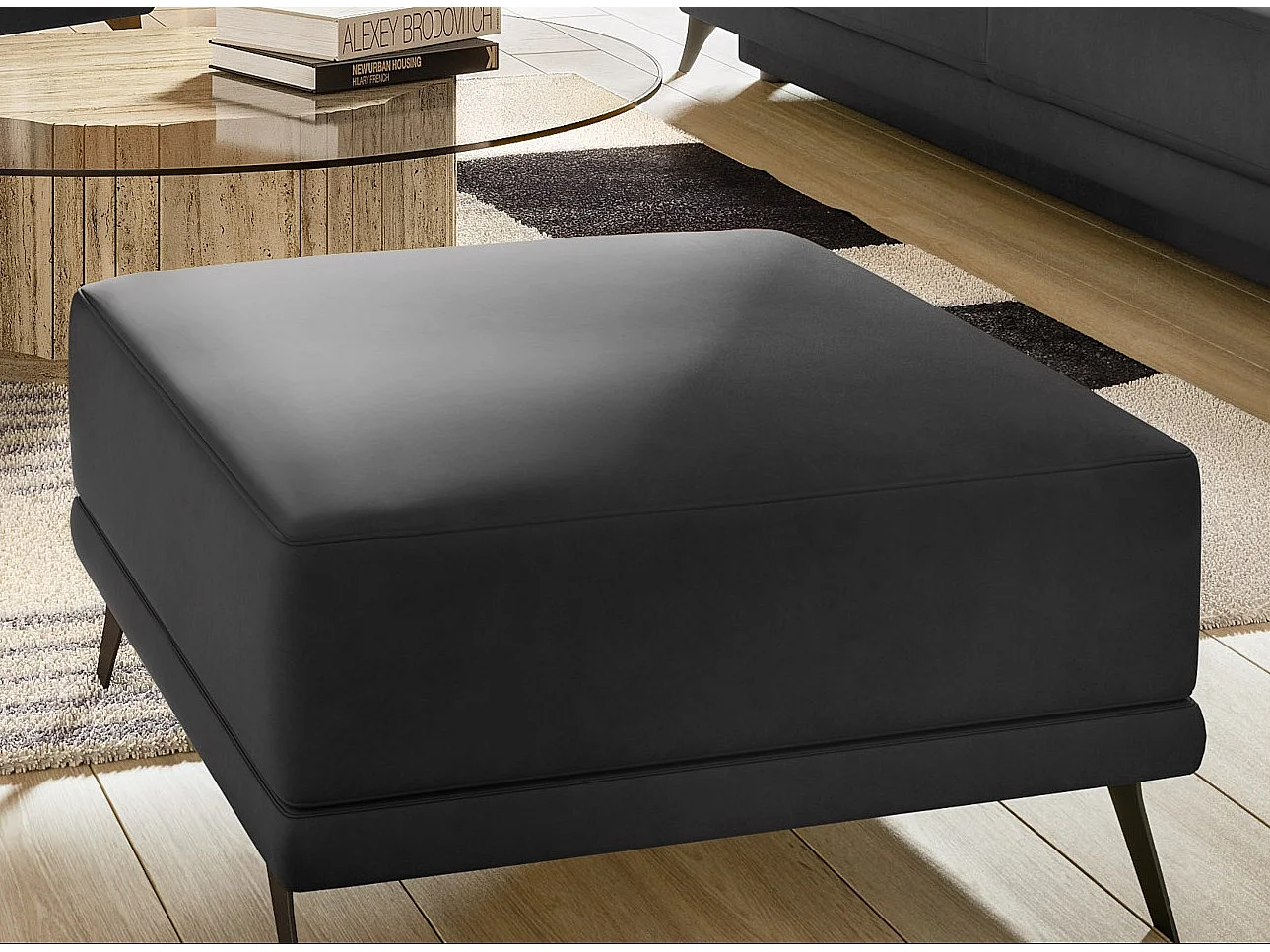 Ensemble canapé convertible simili cuirl noir Zora - 1 canapé 3 places + 1 fauteuil + 1 pouf
